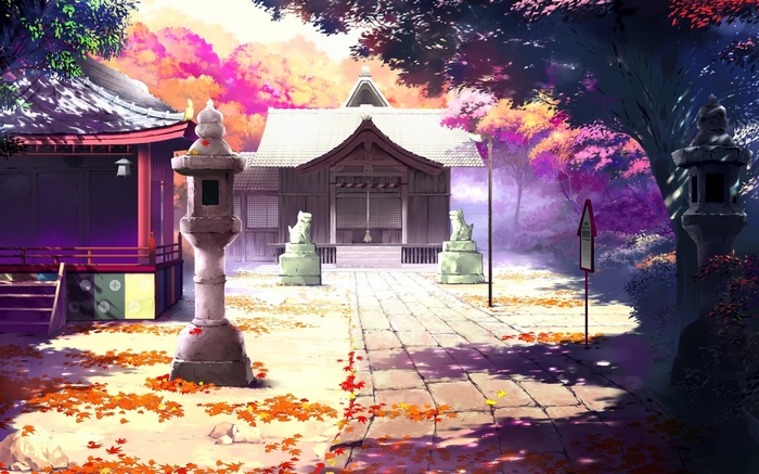 Anime shrine with autumn foliage and stone lanterns