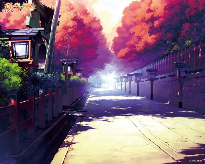 Anime pathway with autumn trees and lanterns