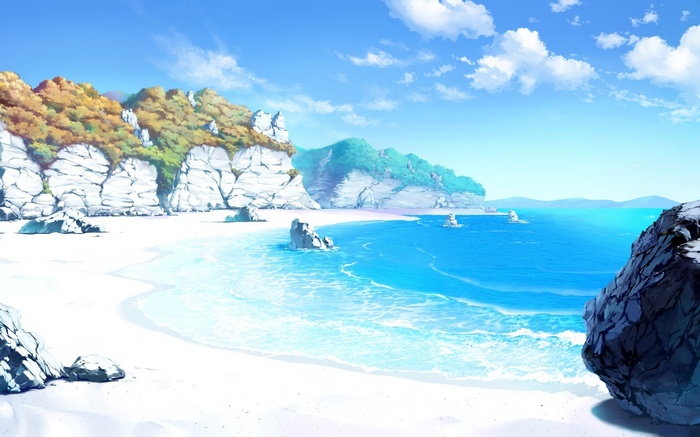 Anime beach with rocky cliffs and blue sea