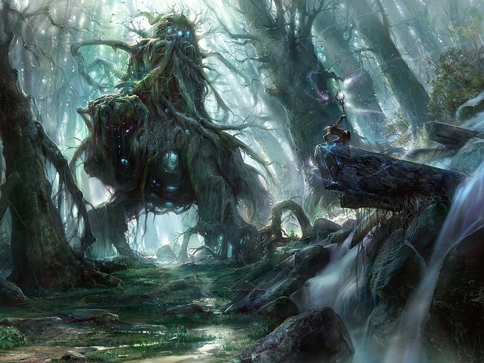 Fantasy art of a creature and a mage in a magical forest
