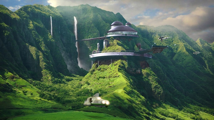 Futuristic settlement on a lush green mountainside with waterfalls