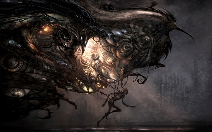 Futuristic fantasy art of a monstrous creature and a human