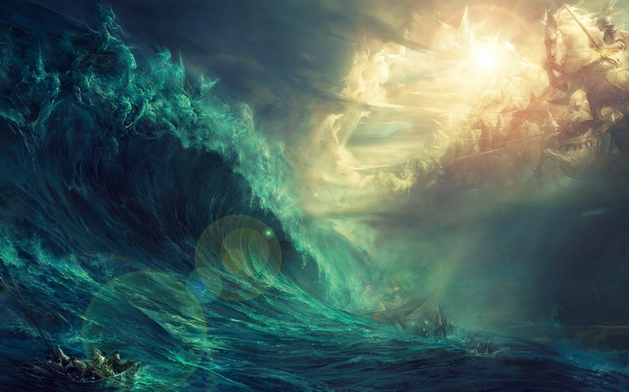 Waves Sea Painting Digital Art Lens Flare Clouds Fantasy Art Sky Sunlight Storm Boat Artwork Horse