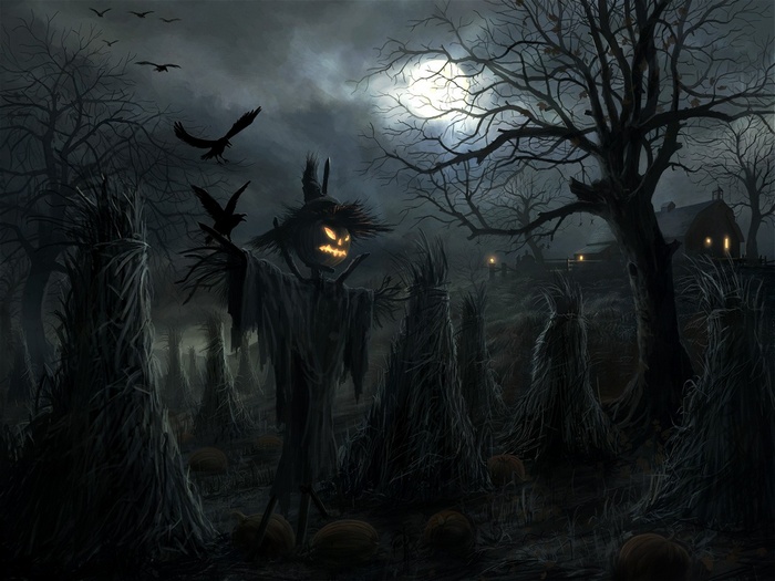 Halloween night with scarecrows and ravens