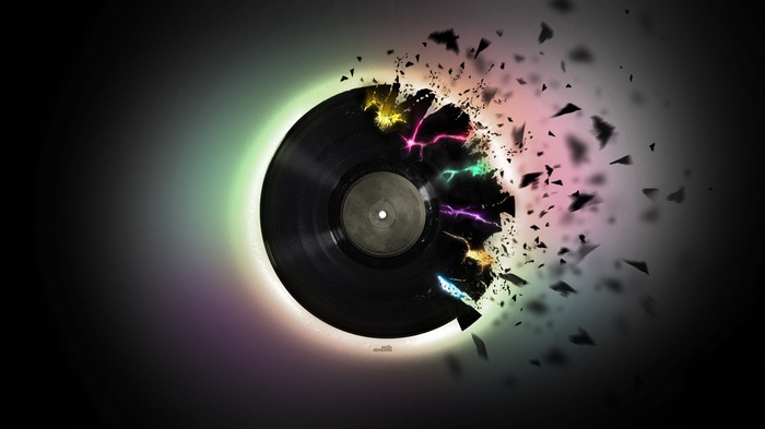 Exploding Vinyl Record with Colorful Lightning