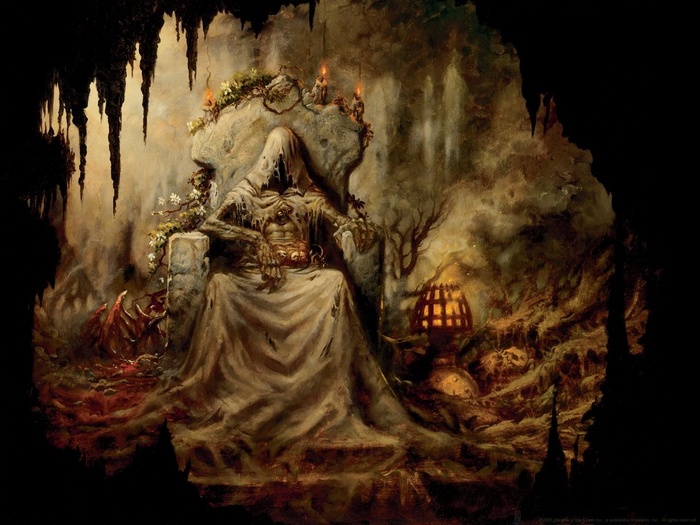 A skeletal figure on a throne in a dark cave
