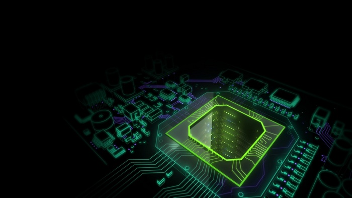 Digital art render of a futuristic computer circuit board