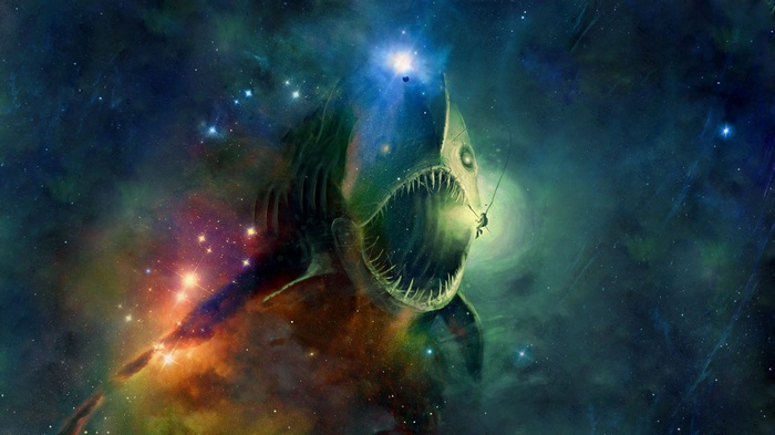 Anglerfish in outer space with a tiny figure