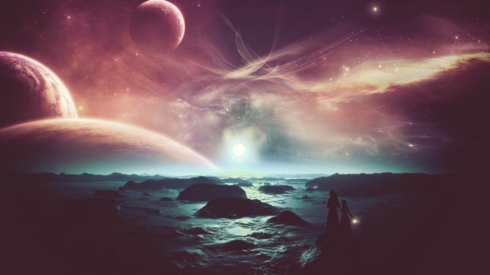 Fantasy art of planets and nebulae in space
