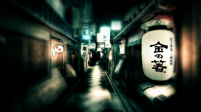 Japanese street with Kanji signs and lanterns