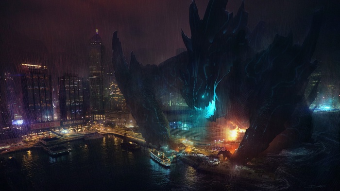 Kaiju attacking a city at night in the rain