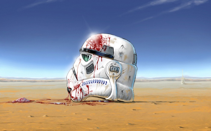 Stormtrooper helmet covered in blood in a desert