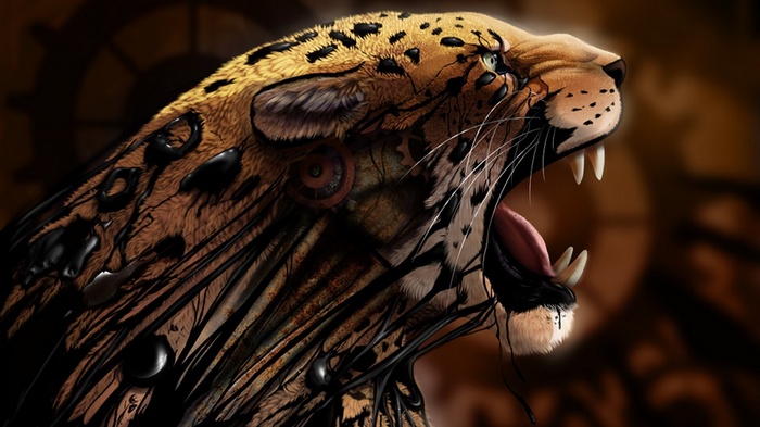 Digital art of a steampunk leopard roaring