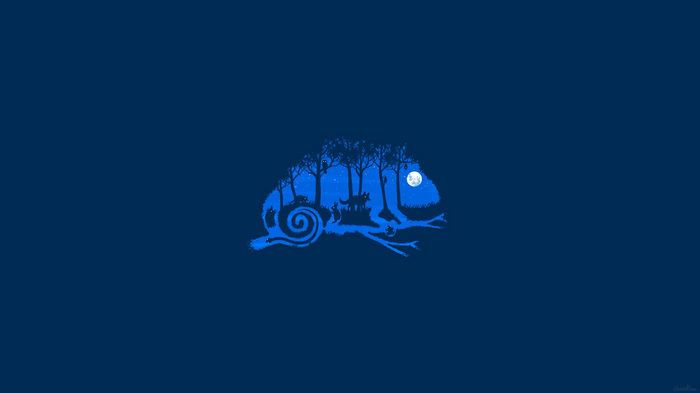 Chameleon silhouette with forest animals and moon