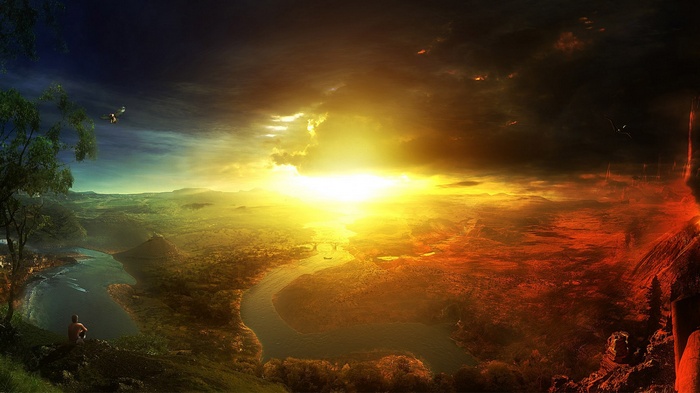 Fantasy landscape with a river and a volcano