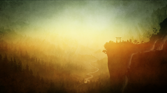Misty mountain landscape with a torii gate