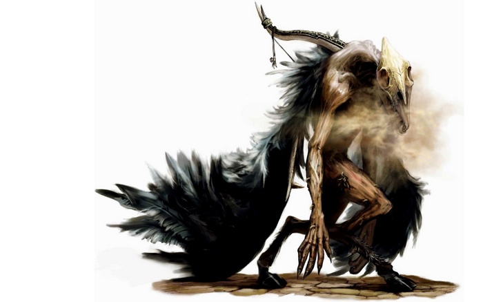 Fantasy creature with skull head and dark feathers