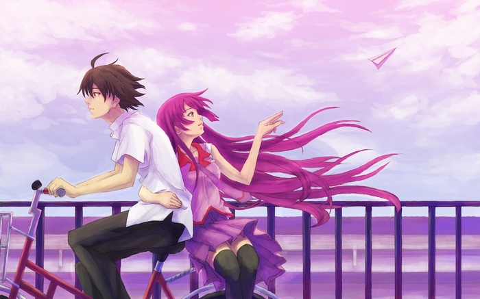Araragi Koyomi and Senjougahara Hitagi on a bike
