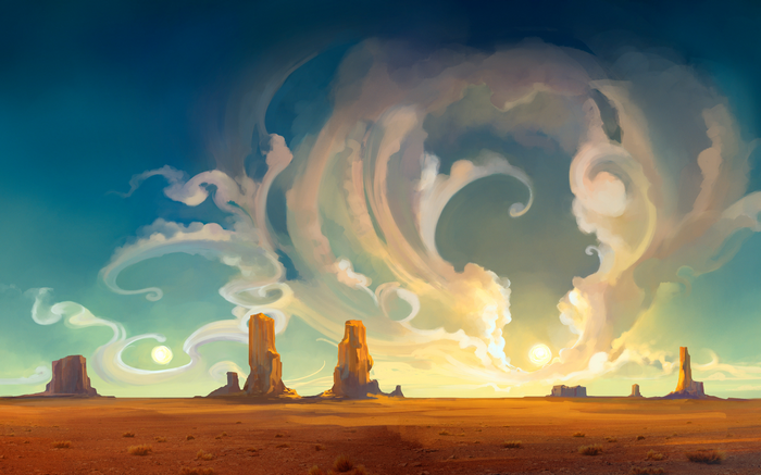 Desert landscape with rock formations and swirling clouds