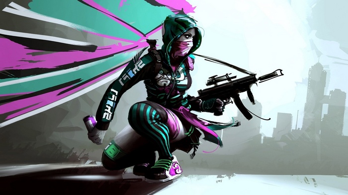Woman with gun and spray paint in a city