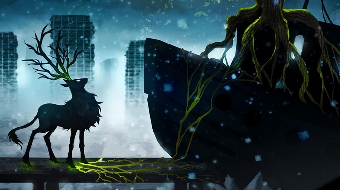 Reindeer with glowing antlers in a post-apocalyptic city