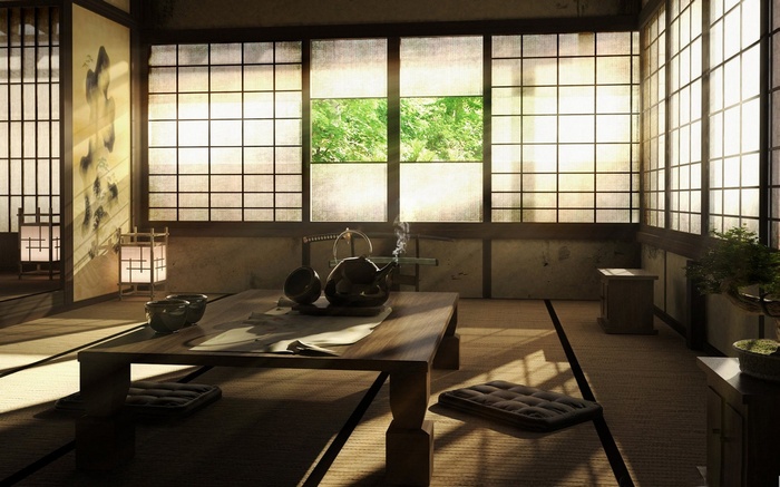 Traditional Japanese room with tea set and shoji screens