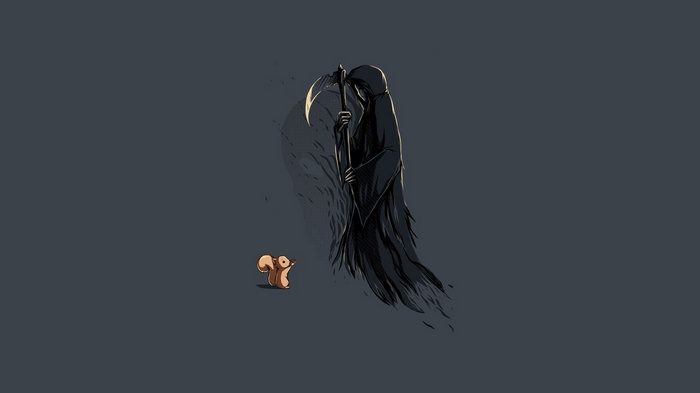 Death and a squirrel on a simple background