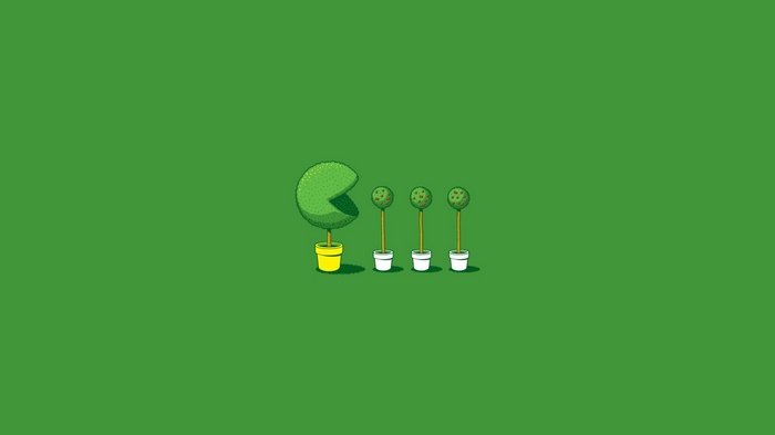 Pacman, trees, simple background, minimalism, humor, green background ...