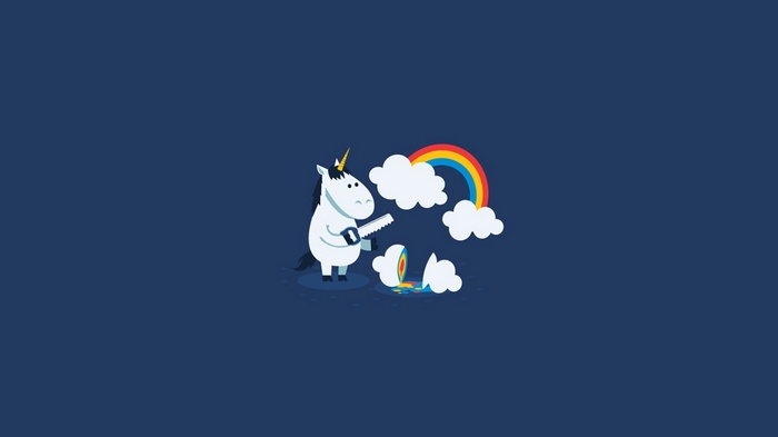 Unicorn cutting a rainbow with a saw