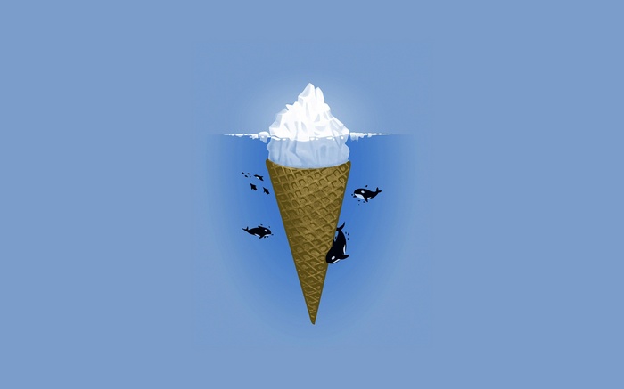 Ice cream cone iceberg with orcas and fish