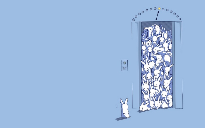 Rabbits packed into an elevator with one rabbit waiting outside