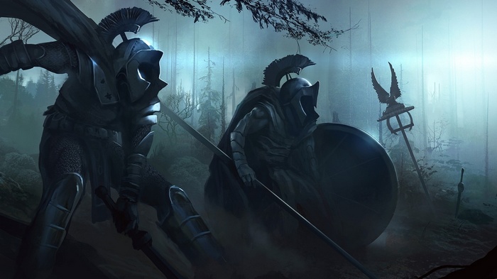 Warriors in a misty forest with a standard