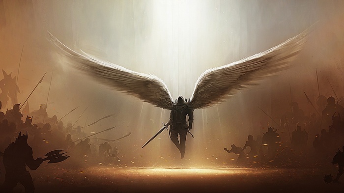 Tyrael from Diablo III with large wings and sword