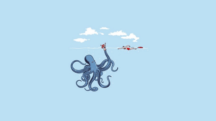 Octopus holding a person above water with a lifeguard swimming nearby