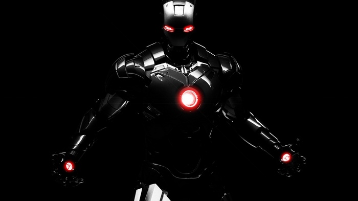 Iron Man armor with red glowing eyes and chest