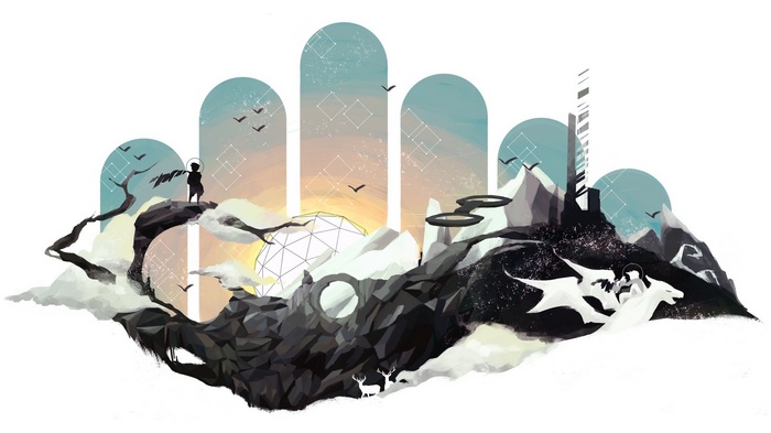 Fantasy art of a surreal landscape with dragons and deer