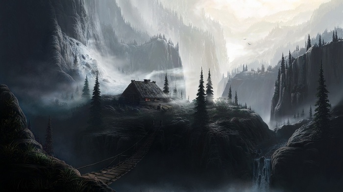 Misty mountain landscape with a cabin and bridge