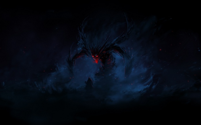 Dark fantasy art of a demon with red eyes