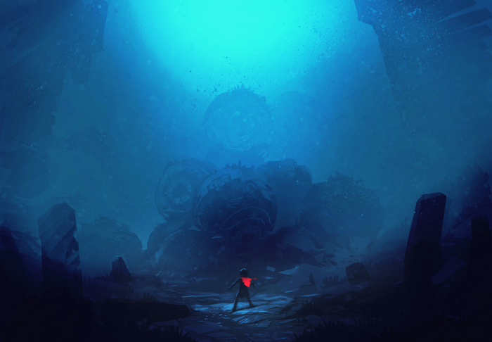 Artwork of a figure in a blue underwater environment
