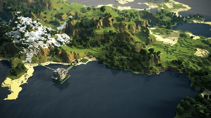 Minecraft island with snowy mountains and a house on the water