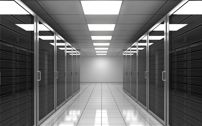 Data center with rows of servers and lights