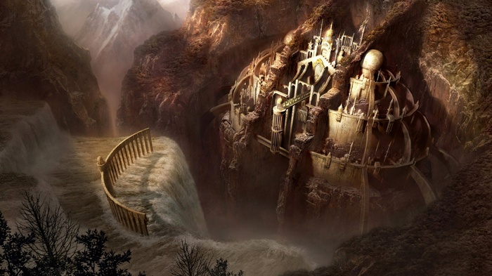 Fantasy castle on a cliffside with a waterfall