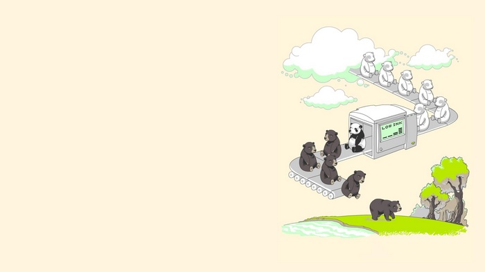 Bears and a panda on a conveyor belt near a printer
