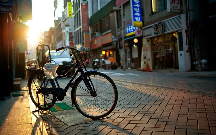 Bicycle on a street in South Korea during sunset