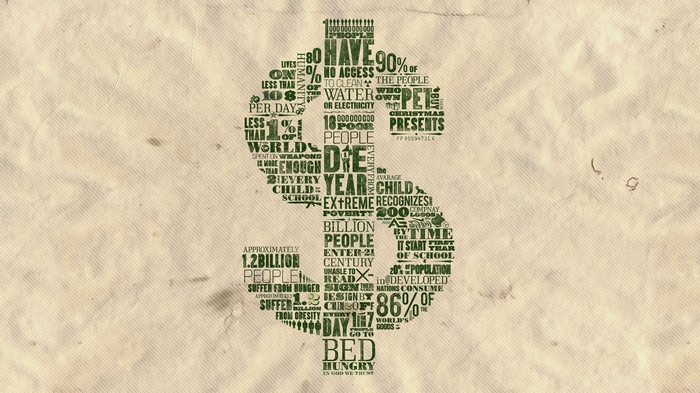 Dollar sign made of text about poverty and hunger