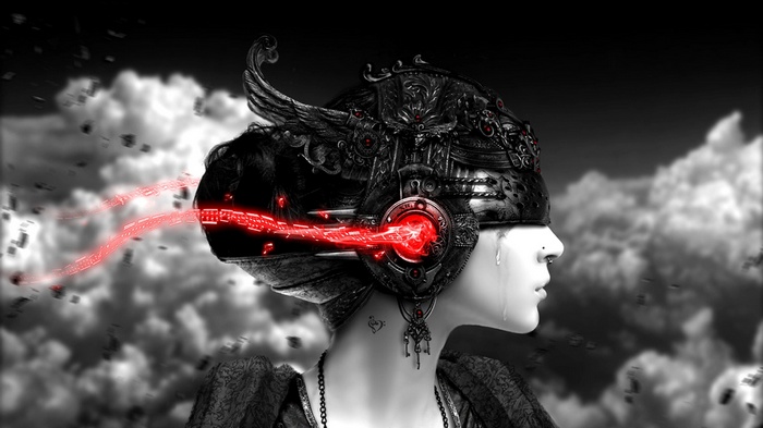 Woman with ornate helmet and red energy beam