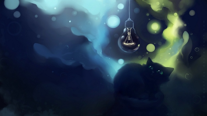Black cat under a glowing light bulb