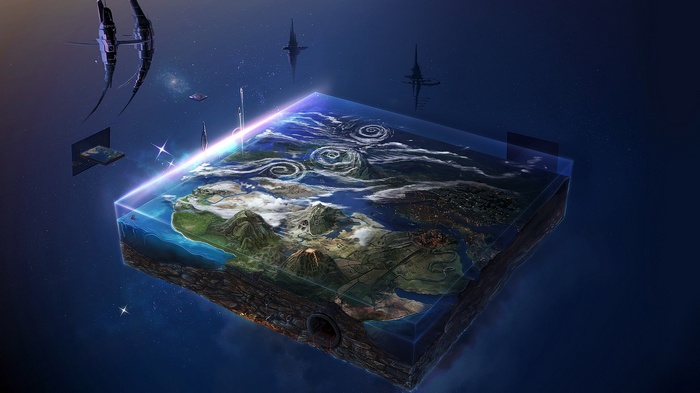 Surreal Cube Earth in Space with Sci-Fi Ships