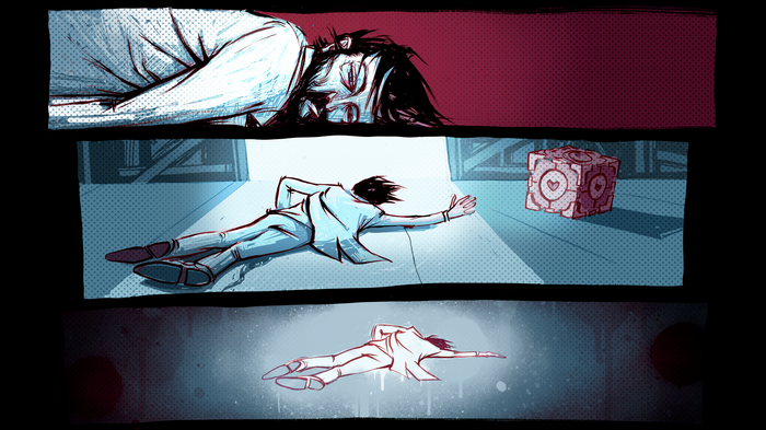 Rattmann lies unconscious next to a Companion Cube in Portal 2