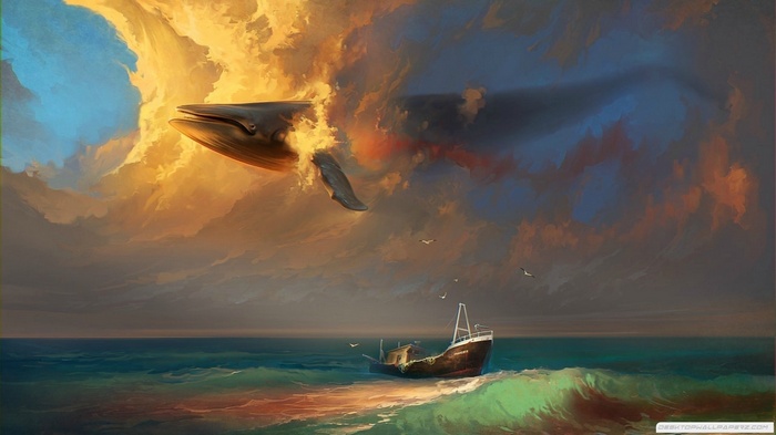 Surreal whale emerging from clouds over a boat